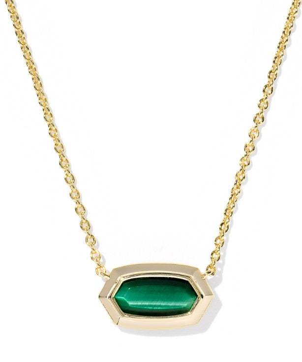 Kendra Scott Elisa Bezel Short Necklace in Gold Green Tigers Eye
