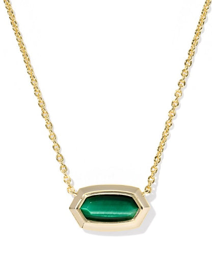 Kendra Scott Elisa Bezel Short Necklace in Gold Green Tigers Eye
