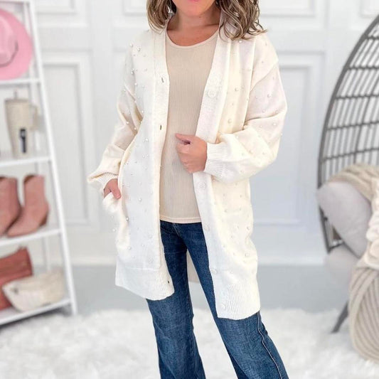 5432 Grace & Emma Ivory Pearl Cardigan in Beige