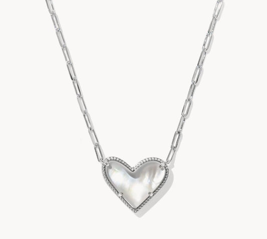 9608890594 Kendra Scott Ari Heart Statement Necklace in Silver Ivory Mother Of Pearl