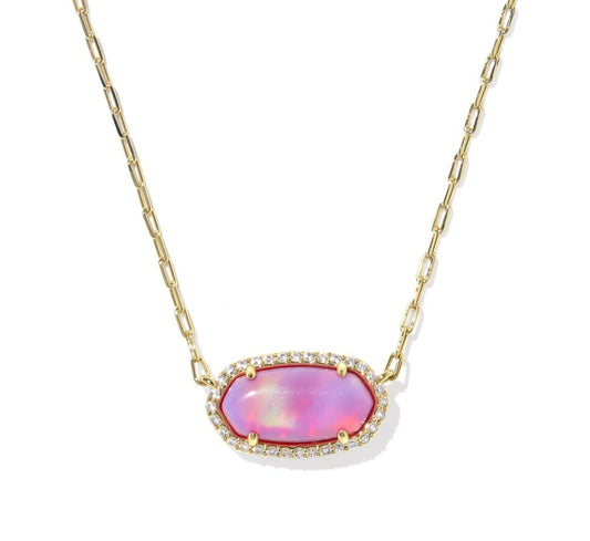 9608890181 Kendra Scott Elisa Pave Frame Gold Short Necklace in Pink Opalescent Resin