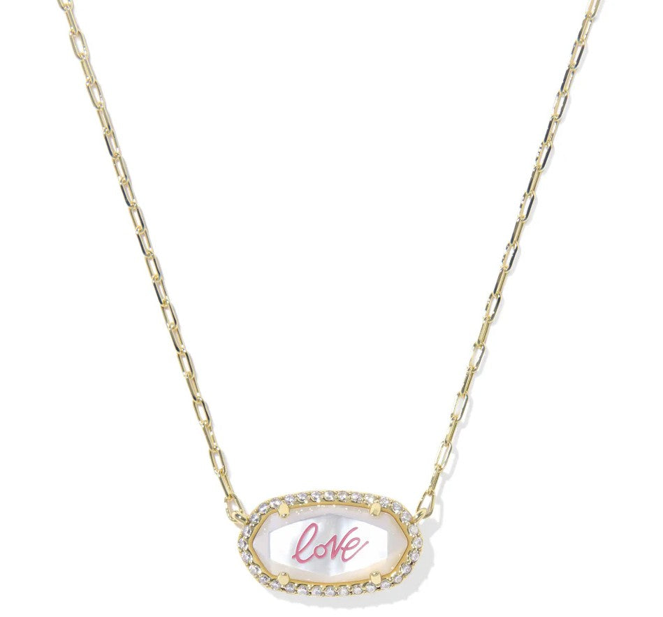 9608890078 Kendra Scott Elisa Pave Frame Necklace in Gold Ivory Mother of Pearl Love Script