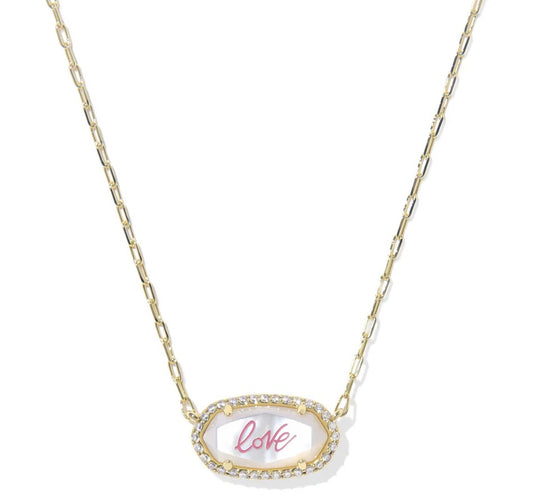 9608890078 Kendra Scott Elisa Pave Frame Necklace in Gold Ivory Mother of Pearl Love Script