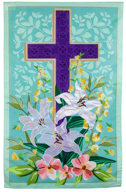 APJY3DAHF225 Evergreen Easter Cross Applique House Flag