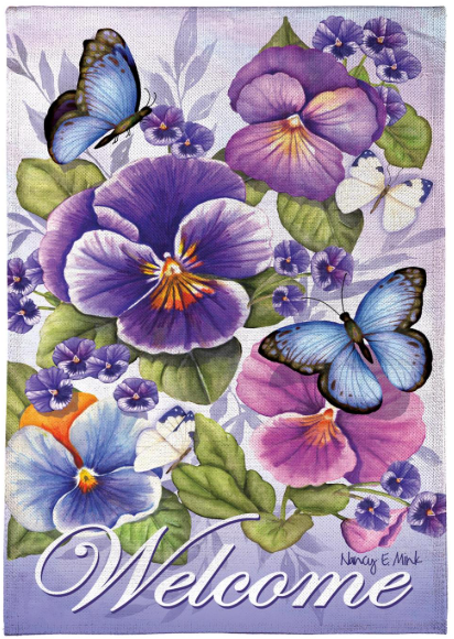 BF8KJBHF225 Evergreen Cheerful Pansies Burlap House Flag