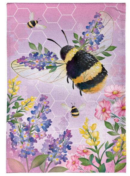 BFDLZ8BGF225 Evergreen Pollinator Pink Burlap Garden Flag