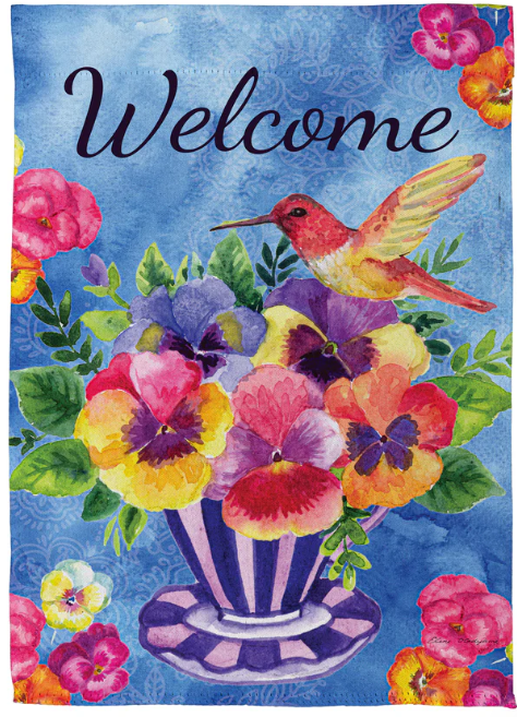 SXRT0CSGF225 Evergreen Pansies & Hummingbirds Suede Garden Flag
