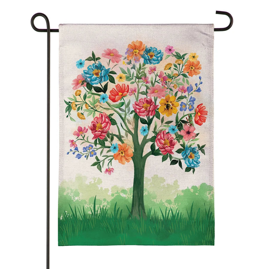 BFKPGZBGF325 Evergreen Blooming Tree of Life Burlap Garden Flag