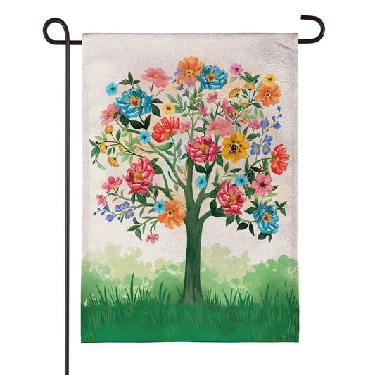 BFKPGZBGF325 Evergreen Blooming Tree of Life Burlap Garden Flag