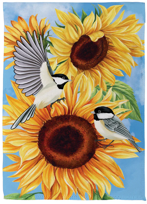 SX0VLKSGF325 Evergreen Sunflower Chickadees Suede Garden Flag