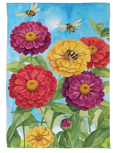 SXXQT9SHF325 Evergreen Multicolored Zinnias and Bees House Flag
