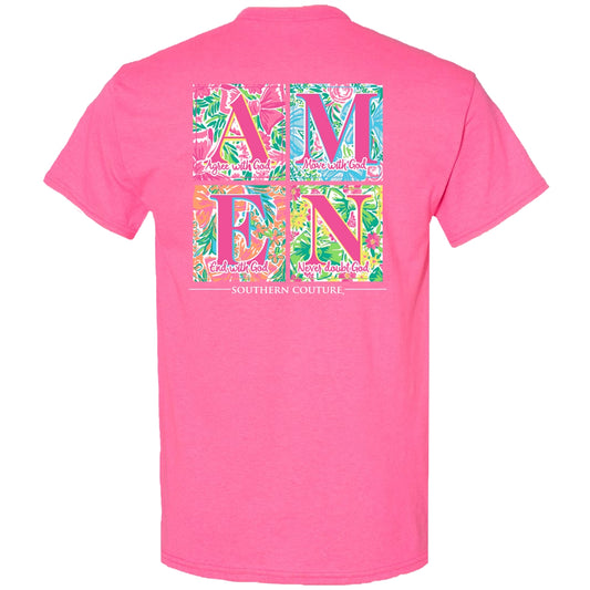 SC1526SP Southern Couture Pattern Amen Square tee in Safety Pink