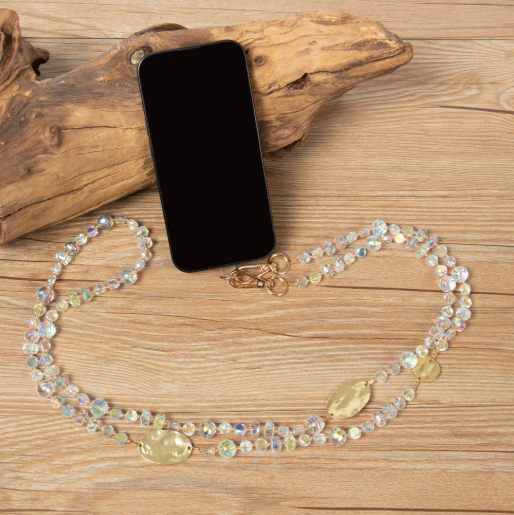 PC5657 Gold Tone Clear Bead Phone Strap with Gold Accents