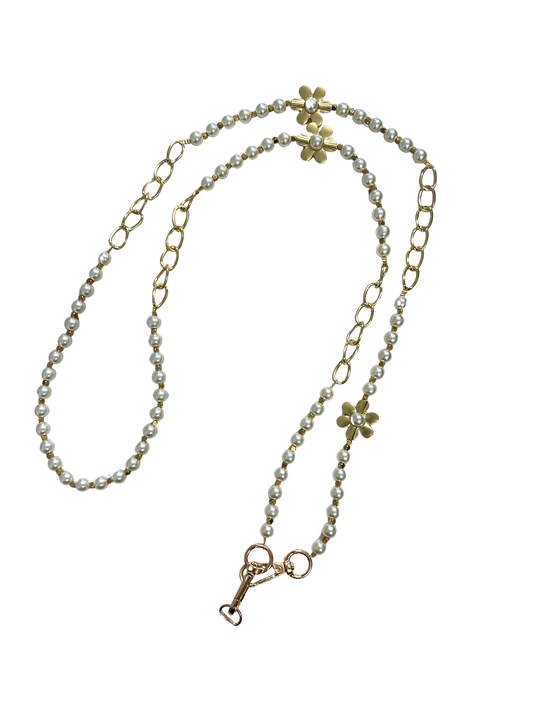 N5654 Gold Tone Pearl & Flower Beaded Phone Strap