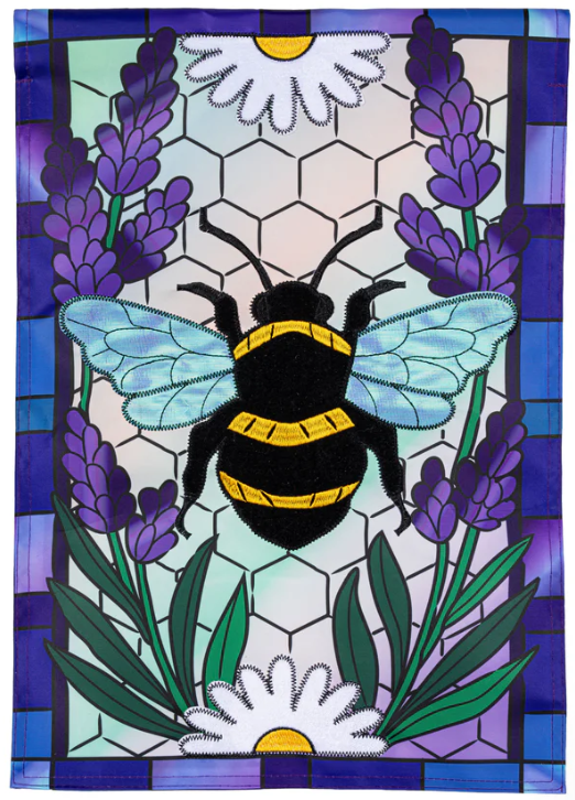 APX03FAGF425 Evergreen Lavender Honey Bee Applique Garden Flag
