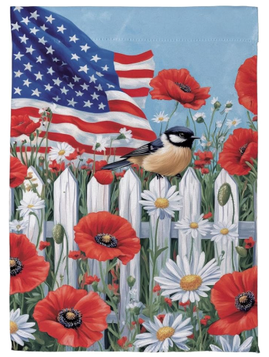 SXYLQQSGF42 Evergreen Patriotic Poppies and Bird Garden Flag