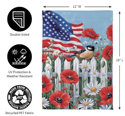 SXYLQQSGF42 Evergreen Patriotic Poppies and Bird Garden Flag
