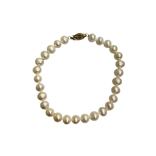 14K Yellow Gold 7X6.5MM Freshwater Pearl Bracelet - 8"