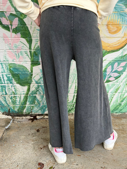 EB40128 Easel Black Washed Terry Knit Wide Leg Ginny Pant