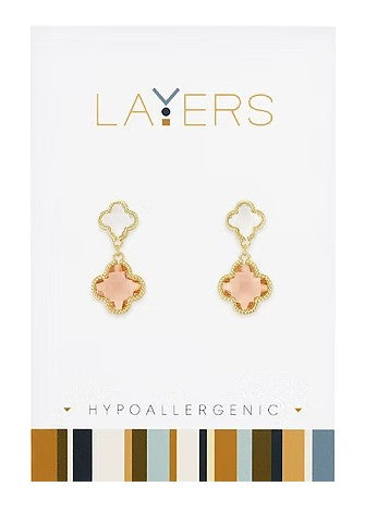 LAY-EAR122-G Layers Gold Tone Double Quatrafoil Dangle Earrings