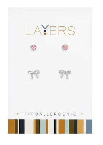 LAY-EAR608S Layers Silver Tone Pink Cubic Zirconia Bow Stud Earrings