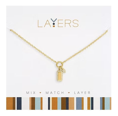 LAY-229G Layers Gold Tone Duo Cubic Zirconia Tag Necklace