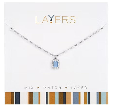 LAY-675S Layers Silver Tone Light Sapphire Emerald Cut Necklace