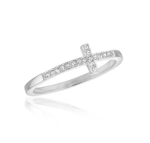 STK141 Stacks Cubic Zirconia Cross Silver Ring