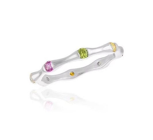 STK144 Stacks Rainbow Cubic Zirconia Bamboo Silver Ring