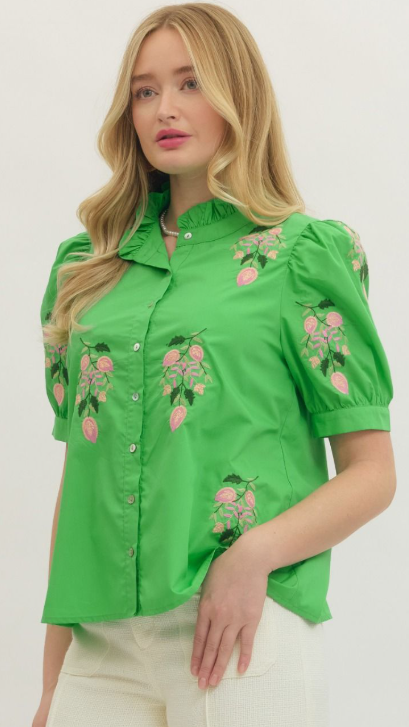 T29879 Entro Green Embroidered Top Pink Embroidered Flowers
