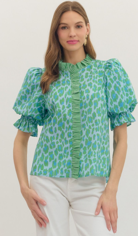 T31055 Entro Green Blue Leopard Print Puff Sleeve Top