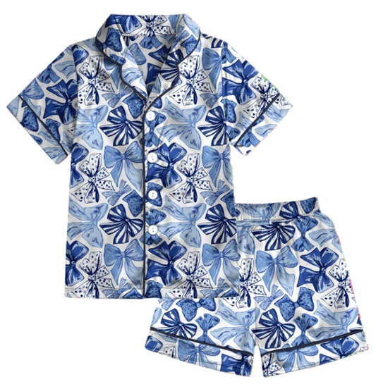 SCLSS118 Southern Couture Shorts Lounge Set Preppy Blue Bow