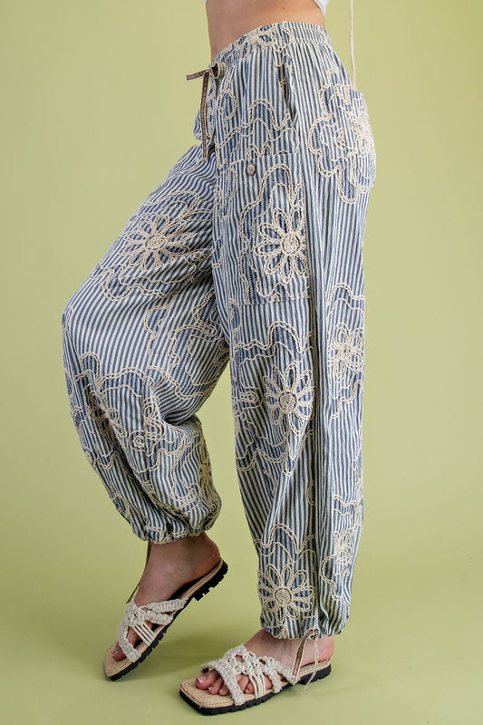 SB600018 Easel Embroidered Striped Woven Pant in Denim Blue