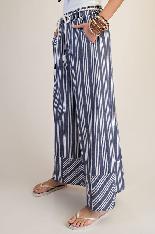 EB90246 Easel Striped Woven Rayon Linen Pant in Blueberry