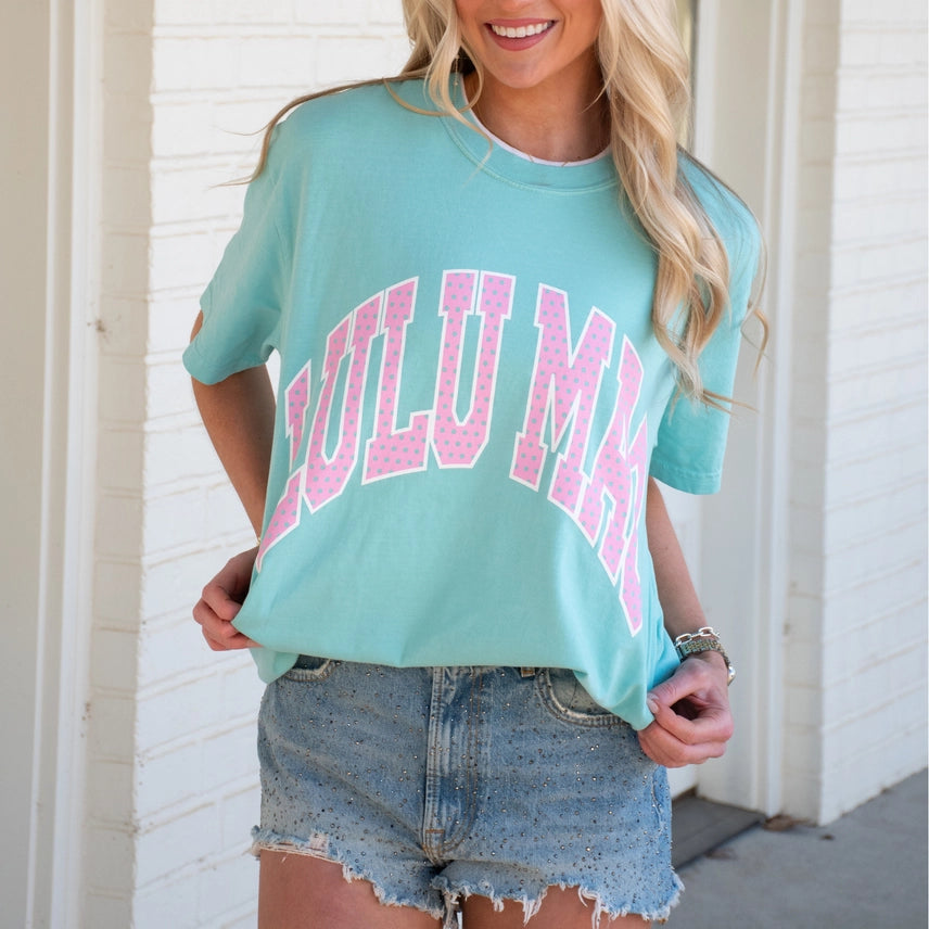 LM-PD-1001 Mint Comfort Colors Tee LuLuMac Logo Pink/white Polka Dots