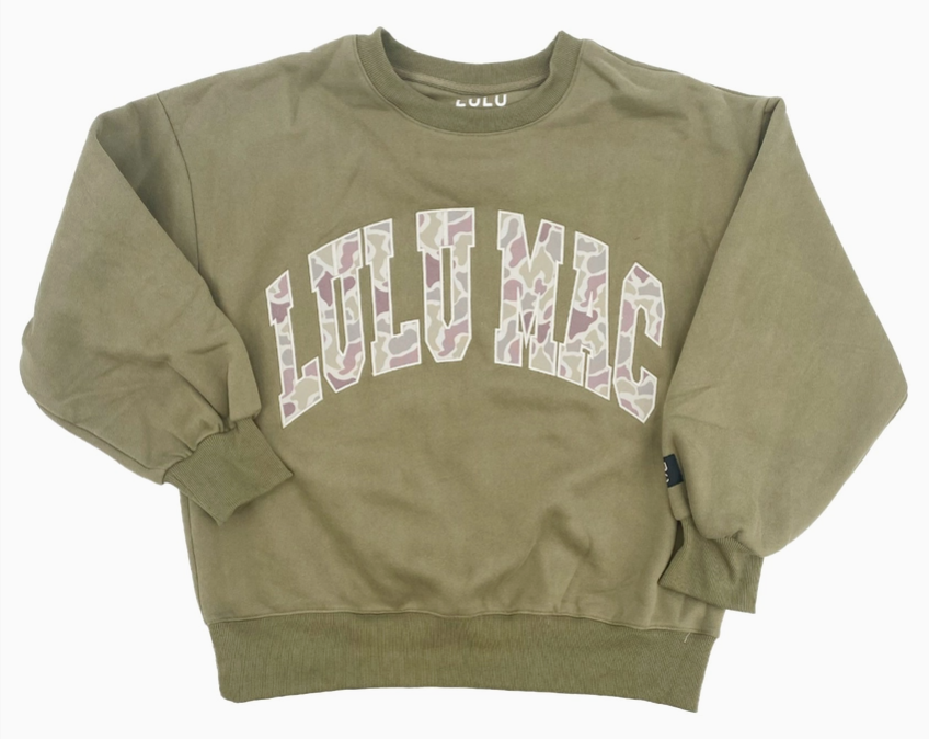 CAMO-9571-GREEN LuLu Mac Sweatshirt Green with Camo Print Logo