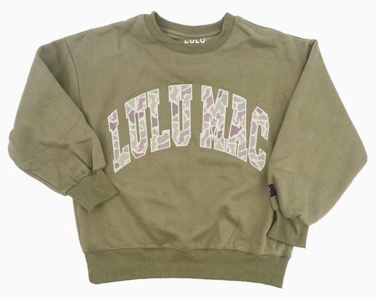 CAMO-9571-GREEN LuLu Mac Sweatshirt Green with Camo Print Logo