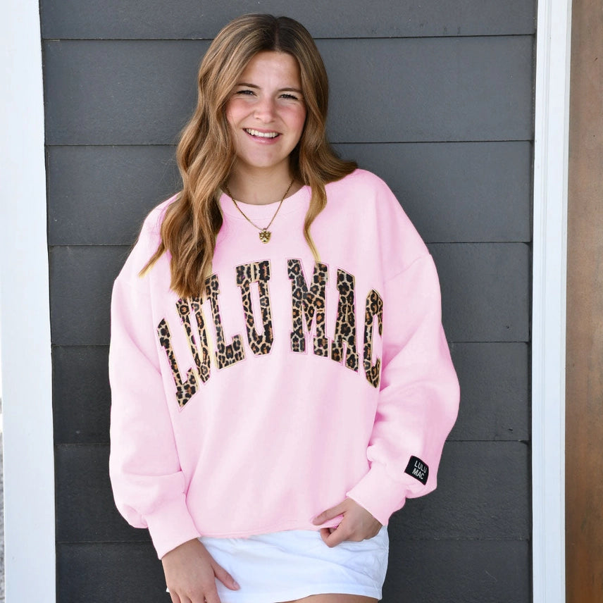 LEOP-9571 Light Pink Leopard Print Logo Sweatshirt