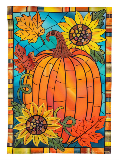 APGH0WAGF525 Evergreen Fall Pumpkin Stained Glass Garden Flag 0