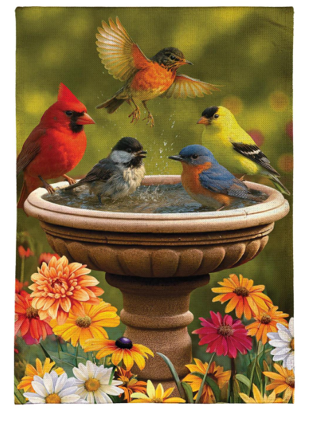 BF694GF26 Evergreen Bathing Birds Burlap Garden Flag 0