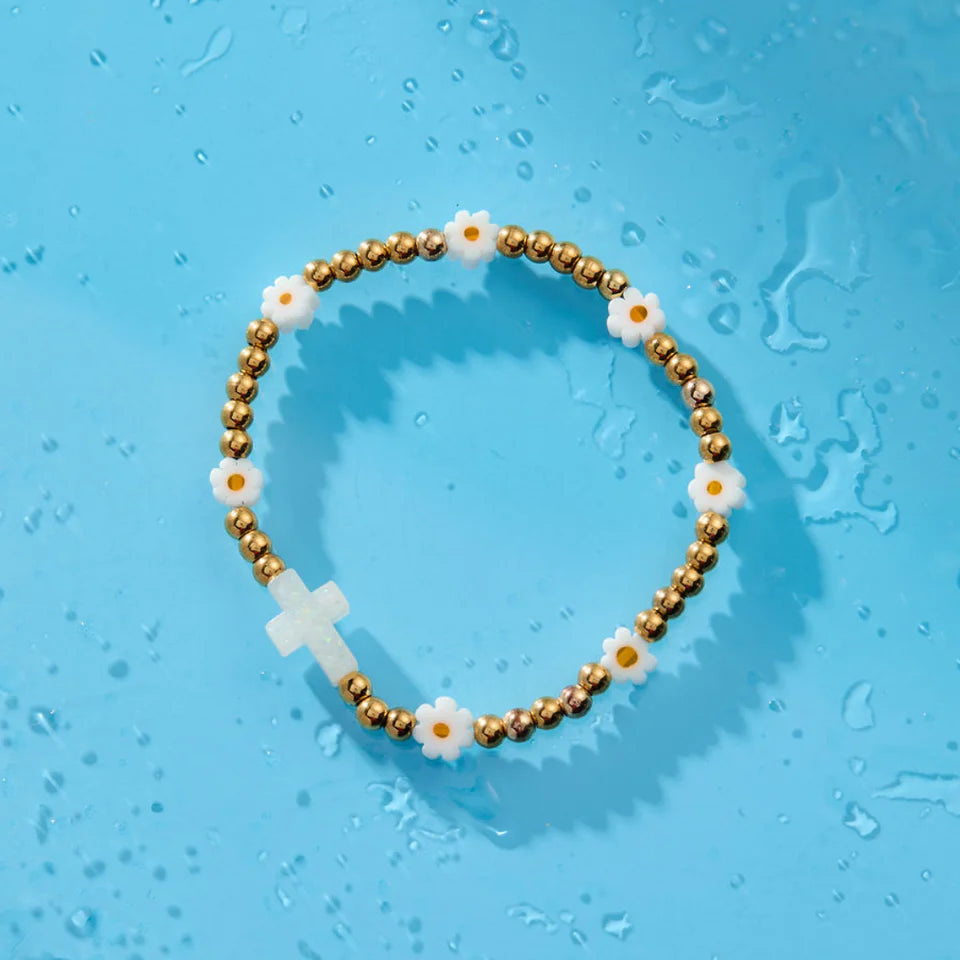 HW061 Holy Water Bracelet - Daisy Cross in Gold