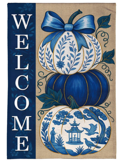 BFQ5XRBHF525 Evergreen Chinoiserie Welcome Pumpkin House Flag 0
