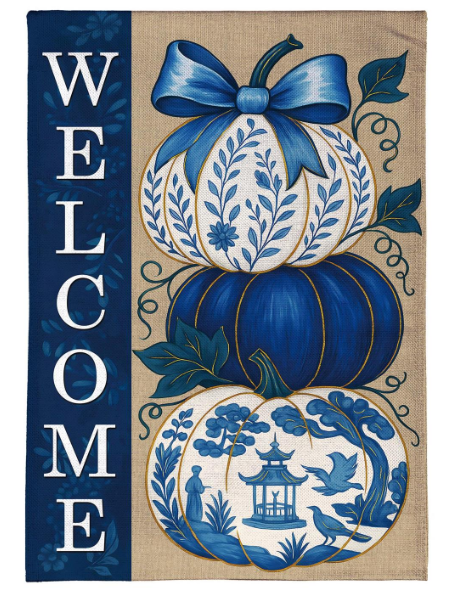 BFQ5XRBHF525 Evergreen Chinoiserie Welcome Pumpkin House Flag 0
