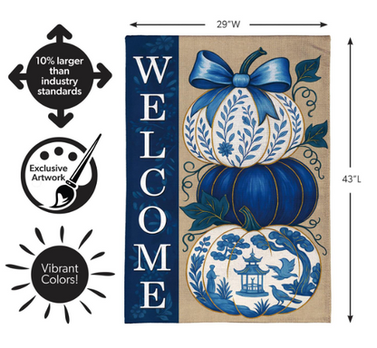 BFQ5XRBHF525 Evergreen Chinoiserie Welcome Pumpkin House Flag 0