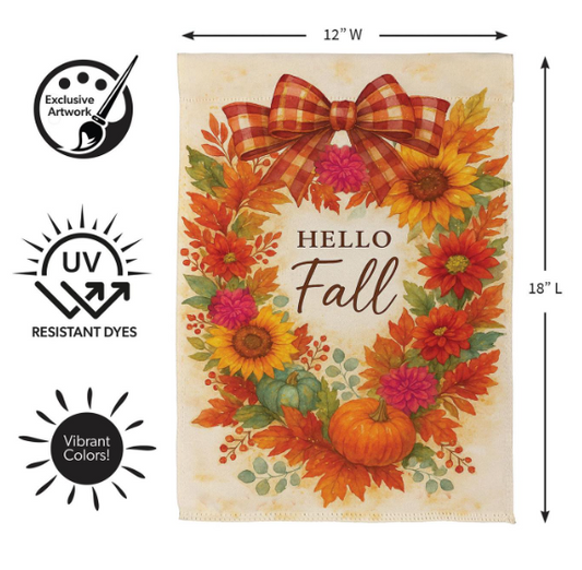 SXXQYNSGF525 Evergreen Hello Fall Wreath Garden Flag 0