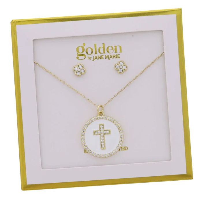 JM50020N-7 Jane Marie 18k Gold Plated Crystal Earrings and Cross Necklace Set