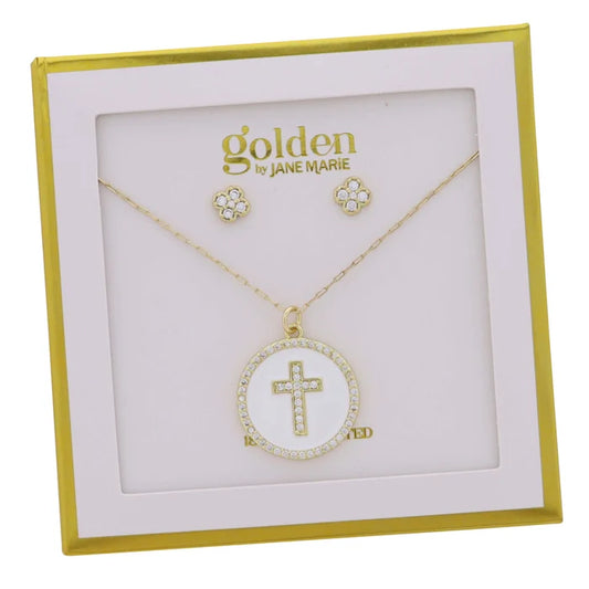 JM50020N-7 Jane Marie 18k Gold Plated Crystal Earrings and Cross Necklace Set