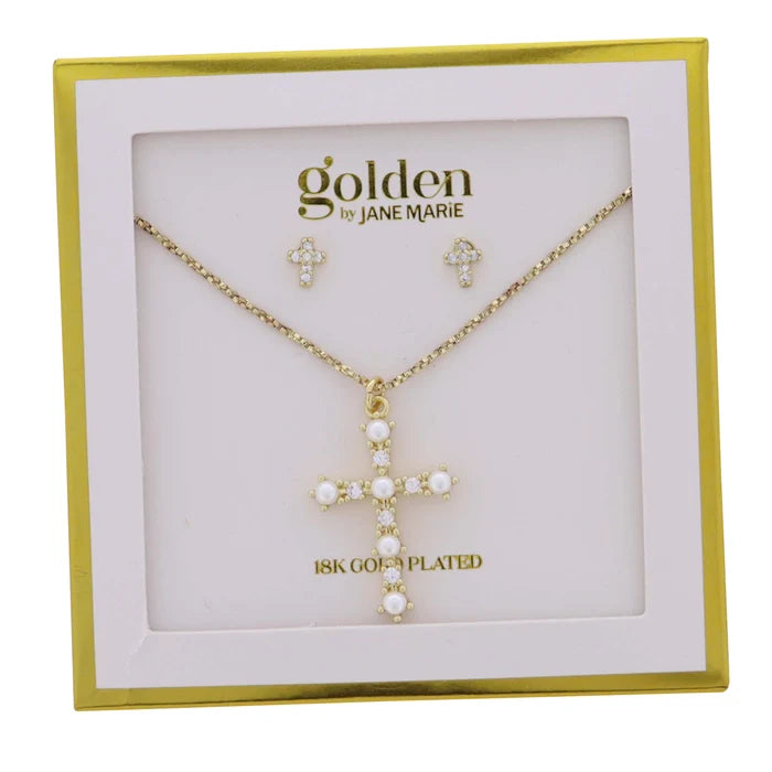 JM50020N-2 Jane Marie 18K Gold Plated Crystal and White Bead Cross Necklace and Crystal Cross Earring Set