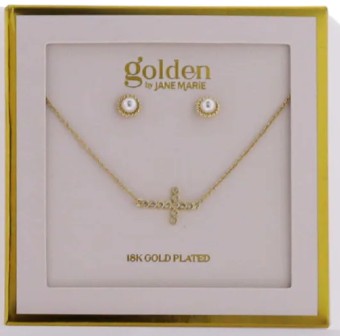 JM50020N-4 Jane Marie 18k Gold Plated Crystal Earring and Sideways Cross Necklace Set