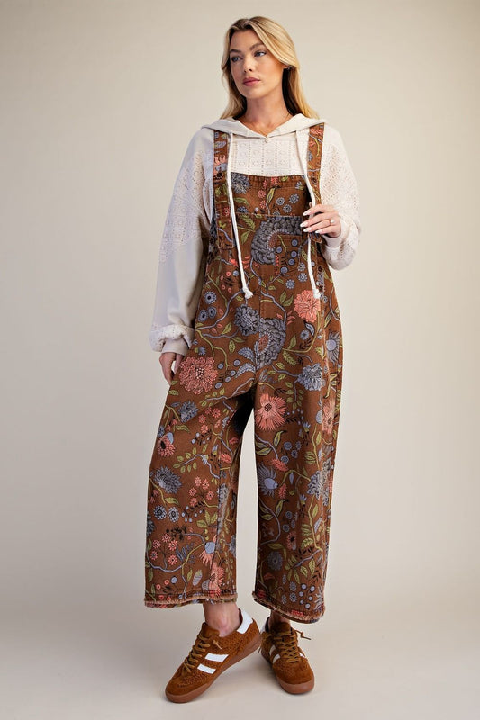EB40341 Easel Brown Flower Printed Overalls 0